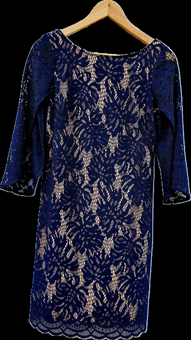 Lilly Pulitzer Womens S Navy Blue Lace Dress Nude Lining 3/4 Sleeve